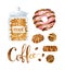 Watercolor sweets, chocolates, cookie jar and donut illustration. Watercolor coffee lettering.