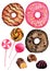 Watercolor sweets isolated clipart on white background. Donuts, lollipop, chocolate pralines