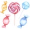 Watercolor sweets, lollipops dessert set illustration. Hand painted candy in red, blue and yellow colors