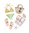 Watercolor swim wear for beach, symbols of summer vacations. Cute hand painted bikini, sandals, sunglasses, straw bag