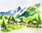 Watercolor of swiss alpine village technology