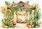 Watercolor Symbols Jewish holiday Sukkot with palm leaves and sukkah with decor.