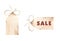 Watercolor tag with stripe and bow and sale lettering. Illustration with empty template for black friday and sales advertising