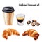 Watercolor take away coffee cup with coffee beans, espresso cup and croissant illustration set isolated on white