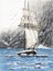 Watercolor tall ship with mountains