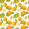 Watercolor tangerine seamless pattern. Hand drawn botanical illustration of mandarin fruits and slices with leaves. Citrus plants