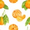 Watercolor tangerine seamless pattern. Hand drawn botanical illustration of peeled mandarins, citrus fruits with leaves and slices