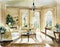 Watercolor of A tastefully decorated living room for entertaining