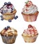 Watercolor tasty collection of cupcakes with cream, syrup and juicy berries, isolated on white background.