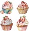 Watercolor tasty collection of cupcakes with cream, syrup and juicy strawberries, isolated on white background.