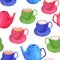 Watercolor tea seamless pattern. Hand drawn colorful bright pink, blue, green teapot, cup with saucer isolated on white