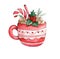 Watercolor teacup with a pattern. Red cup of hot chocolate or cocoa with marshmallows and Christmas candy on a white