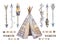 Watercolor teepee, arrows, fearhers and tomahawk. Boho america