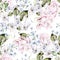 Watercolor tender wedding seamless pattern with roses and different flowers.