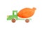 Watercolor textured concrete mixer with orange container and green body  on a white background in a children`s style