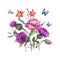 Watercolor thistle, poppy, blue butterflies, wild flowers illustration, meadow herbs