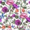 Watercolor thistle, poppy, blue butterflies, wild flowers seamless pattern, meadow herbs