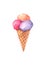 Watercolor three balls pink, purple, orange ice cream in waffle cone isolated on white background