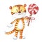 Watercolor Tiger cub comes with a lollipop in his paw. Birthday greeting card with candy.