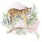 Watercolor tiger illustration and summer paradise tropical leaves jungle print. Palm plant and flower isolated o white.