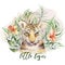 Watercolor tiger illustration and summer paradise tropical leaves jungle print. Palm plant and flower isolated o white.