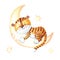 Watercolor tiger sleeping on the moon. Cute striped animal and crescent,stars.