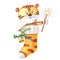 Watercolor tiger in the sock. Animal with lollipop,bell, snowflake. Christmas greeting card