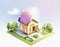 Watercolor of Tiny cute isometric traditional house soft smooth lighting soft color