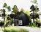 Watercolor of tiny house with black exterior and white surrounded by lush created with