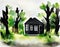 Watercolor of tiny house with black exterior and white surrounded by lush created with