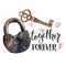 Watercolor Together forever card with lock and key. Hand painted Valentine`s Day concept with lettering, hearts and