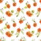 Watercolor tomato and green leaves seamless, square pattern