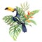 Watercolor Toucan bird in Hibiscus bouquet