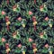 Watercolor toucan and parrot seamless pattern. Hand painted illustration with bird, protea and palm leaves isolated on