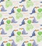 Watercolor toucan pattern. White color on the background. Toucan with tropical leaves