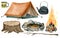 Watercolor tourism elements clipart set. Tent, kettle, mug, tree stump, bonfire, marshmallows