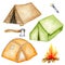 Watercolor touristic camping tent set Bonfire axe torch active travel vacations and sport campaigns for summer, campfire