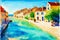 A watercolor town. Italy, Spain, France. Watercolor Painting of a Serene Mediterranean Town. Generative AI