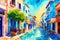 A watercolor town. A Mediterranean Paradise. Watercolor Painting of a Charming Greek Town. Generative AI