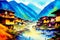 A watercolor town. Tibet. Enchanting Serenity, Watercolor Painting of a Tibetan Village. Generative AI