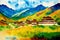 A watercolor town. Tibet. Enchanting Serenity, Watercolor Painting of a Tibetan Village. Generative AI