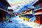 A watercolor town. Tibet. Enchanting Serenity, Watercolor Painting of a Tibetan Village. Generative AI