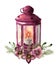 Watercolor traditional christmas lantern with floral decor. Hand painted red lantern with fir branch, hellebore flower