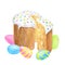 Watercolor traditional Easter cake with ising sugar, colored eggs and cutted piece of cake. Hand drawn illustration