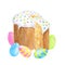 Watercolor traditional Easter cake with ising sugar, colored eggs and cutted piece of cake. Hand drawn illustration