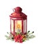 Watercolor traditional red lantern with candle and floral decor. Hand painted Christmas lantern with fir branch