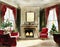 Watercolor of Traditional Victorian living room adorned with festive Christmas