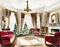 Watercolor of Traditional Victorian living room adorned with festive Christmas