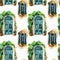 Watercolor traditional vintage windows and door seamless pattern