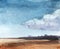 Watercolor tranquil landscape of deserted bare field with blurry silhouettes of woods in distance. Darkening blue sky with massive